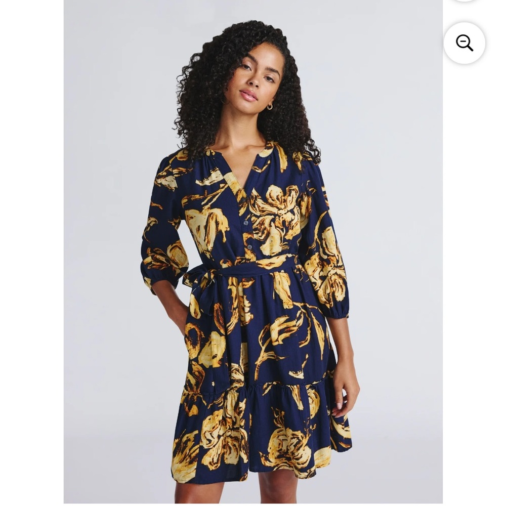 Floral Print Navy and Yellow Dress - Picture 2 of 7